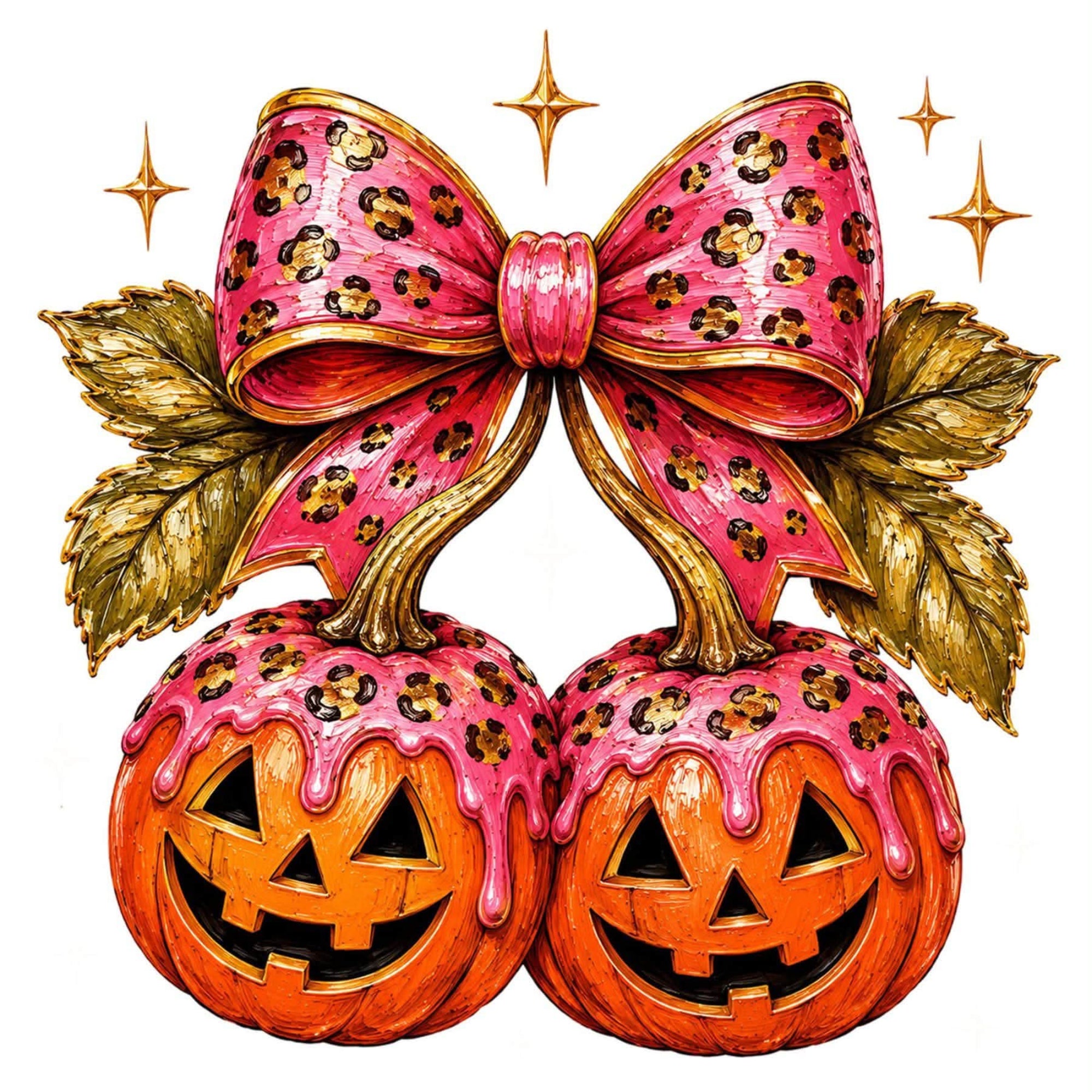 A stylized illustration of two orange jack-o'-lantern pumpkins with carved faces, topped with pink frosting-like drips and a large pink bow with leopard-print spots and gold trim. Gold leaves and sparkles surround the pumpkins on a white background.