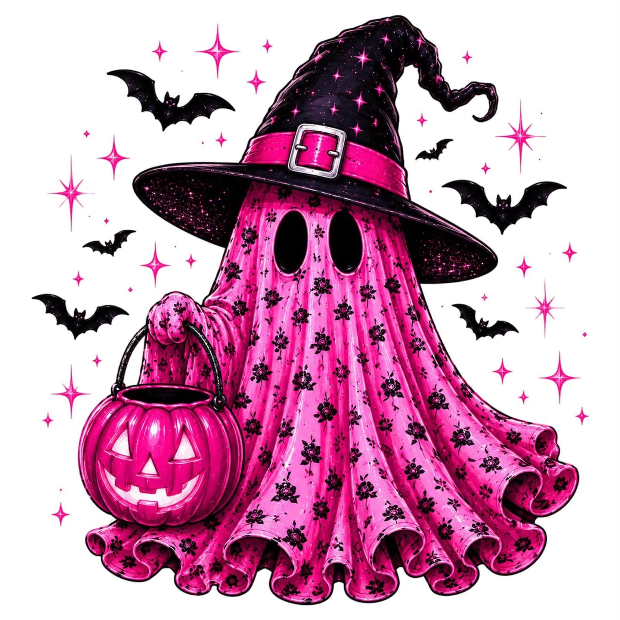 A pink and black Halloween ghost illustration wearing a witch hat and holding a jack-o'-lantern bucket, surrounded by bats, stars, and sparkles on a white background.