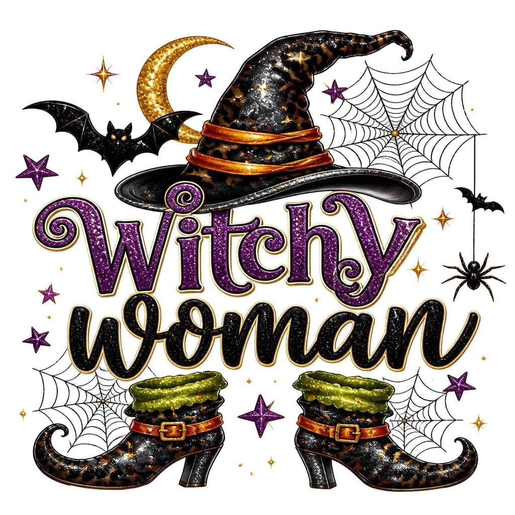 Witch-themed graphic design with the words 'Witchy woman' in purple glitter and black script, a black witch hat with gold glitter and orange band, two black-and-green witch boots, bats, spiderwebs, stars, and a crescent moon on a white background.