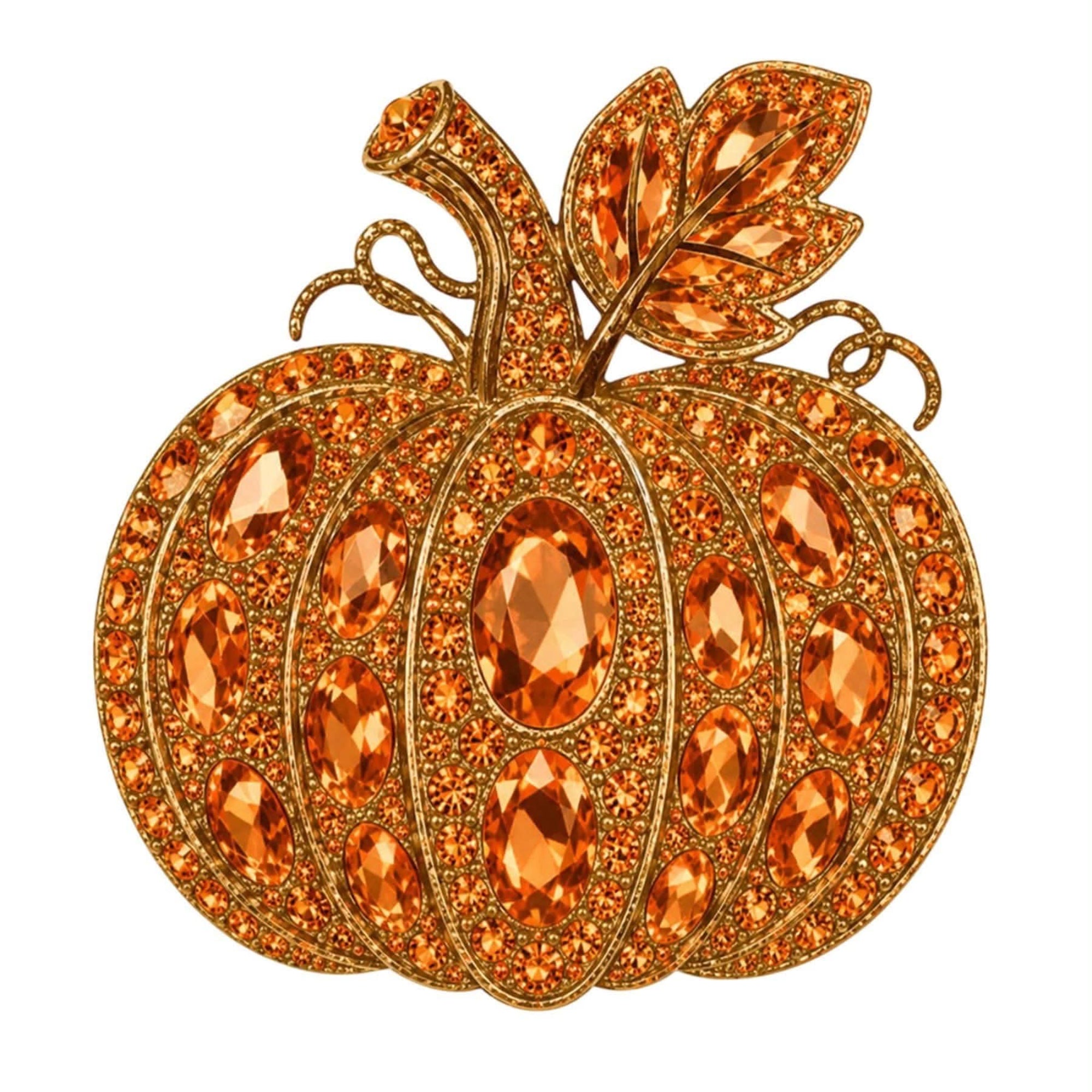 An ornate pumpkin-shaped brooch or pendant made of gold-toned metal and large faceted orange gemstones, shown on a plain white background.