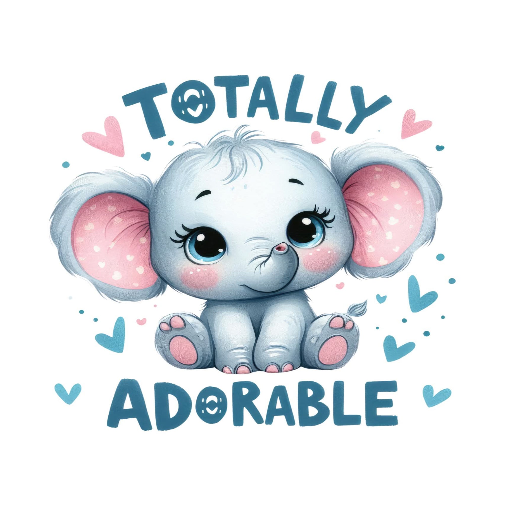 A cute cartoon baby elephant centered on a white background with the words 'TOTALLY ADORABLE' in blue lettering and small pink and blue hearts around it.