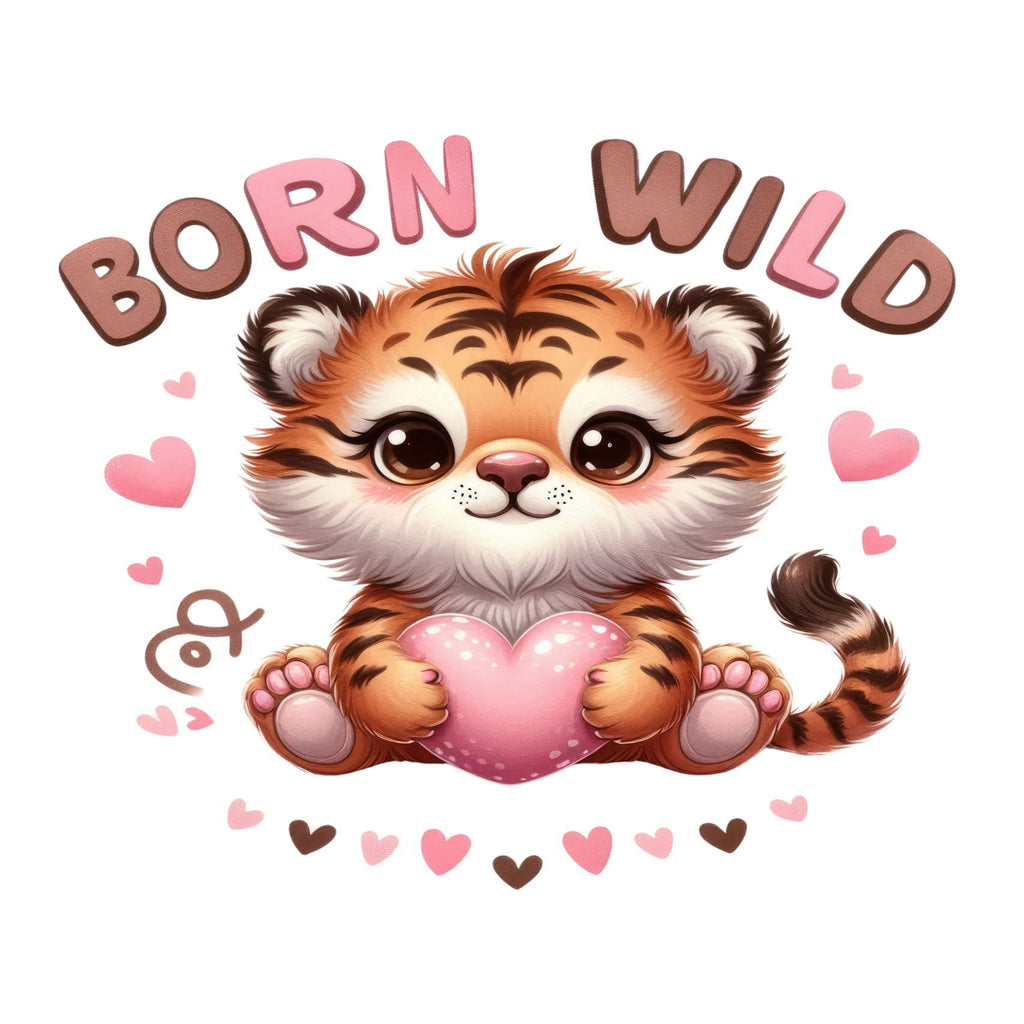 A cute cartoon tiger holding a pink heart with the words 'BORN WILD' above it, surrounded by small pink and brown hearts on a white background.