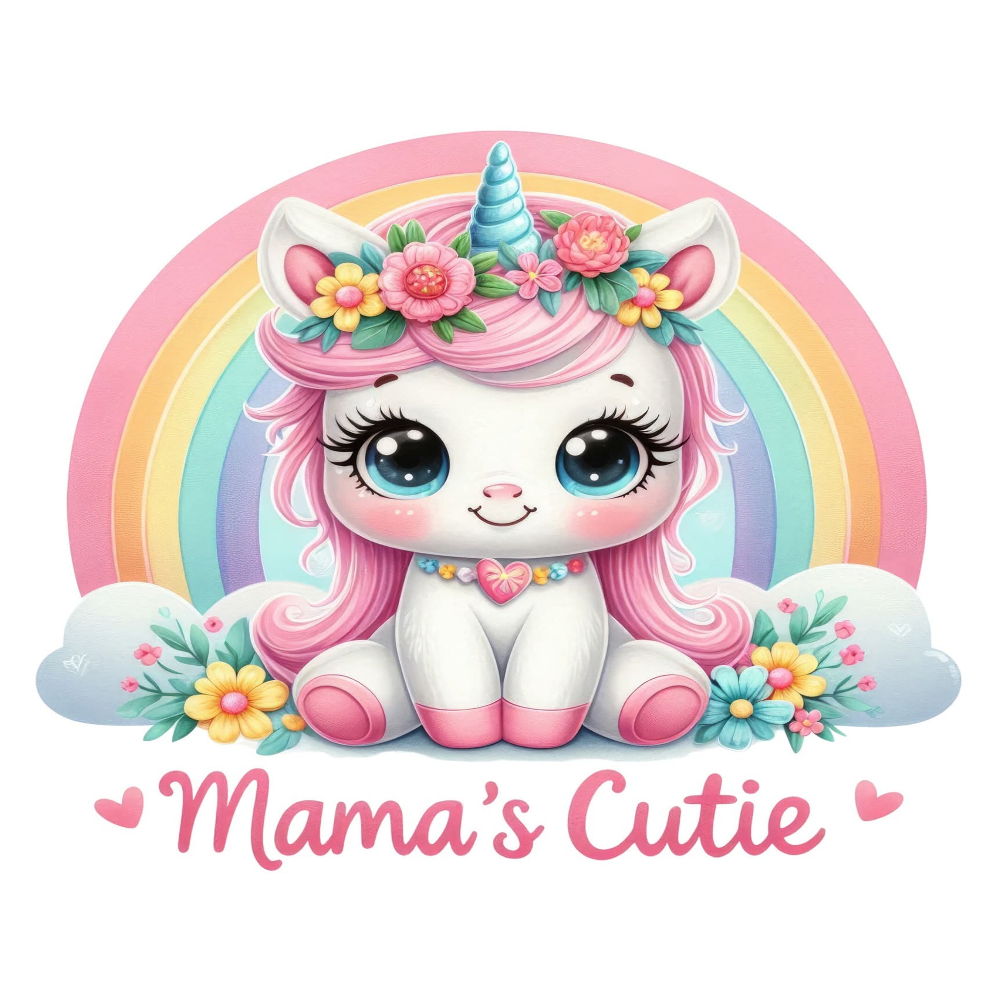 A cute cartoon unicorn with large blue eyes, pink hair, a blue horn, and a flower crown, sitting in front of a rainbow with the text 'Mama's Cutie' below on a white background.