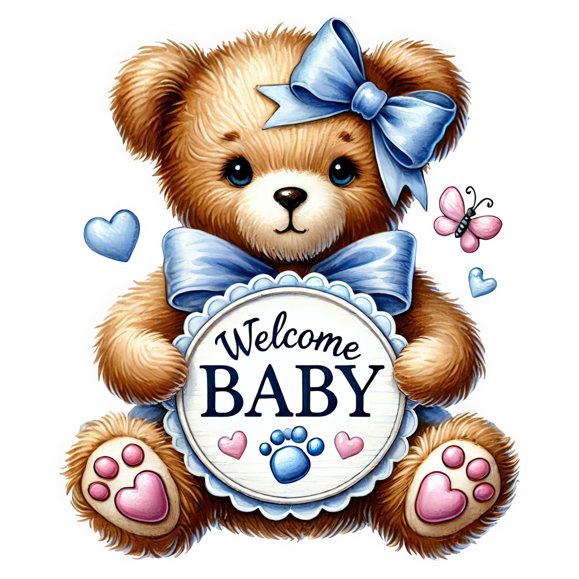 A brown teddy bear illustration with a large blue bow, holding a round white sign that reads 'Welcome BABY' with a blue paw print and pink hearts. Small blue and pink hearts and a butterfly decorate the scene on a white background.