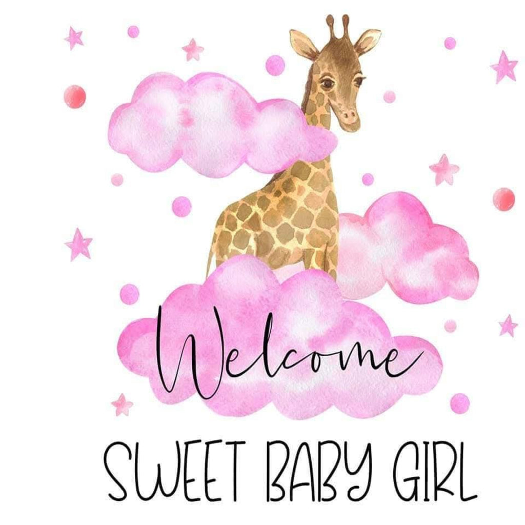 Watercolor-style baby shower graphic with a giraffe above pink clouds and the text 'Welcome Sweet Baby Girl' on a white background.