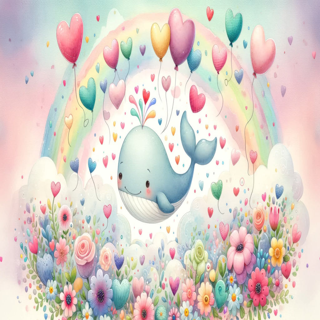 A whimsical pastel illustration of a light blue whale floating in a dreamy scene with a rainbow, heart-shaped balloons, scattered hearts, clouds, and colorful flowers.