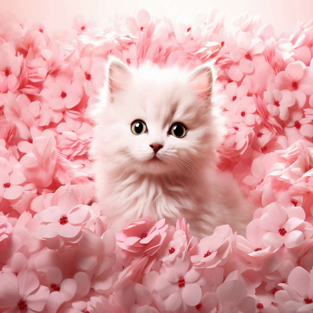 A fluffy white kitten sitting amidst dense pink flowers, with a soft pink background.