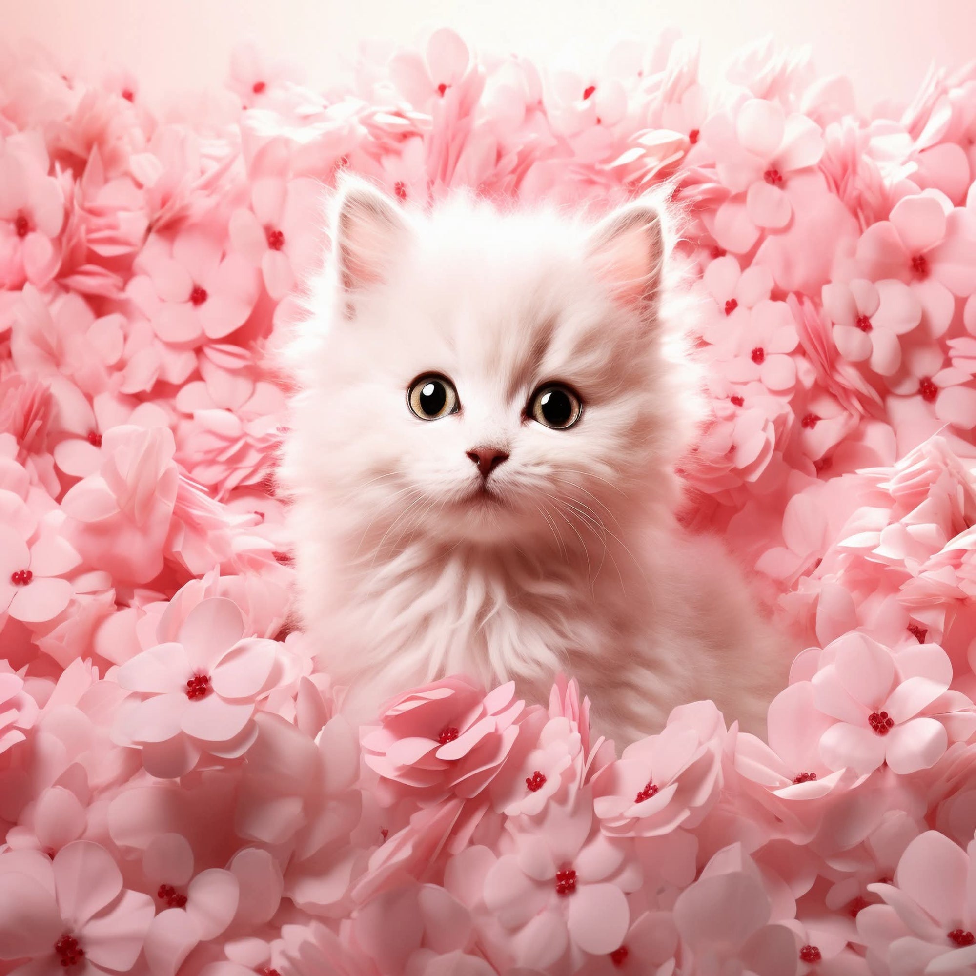 A fluffy white kitten sitting amidst dense pink flowers, with a soft pink background.