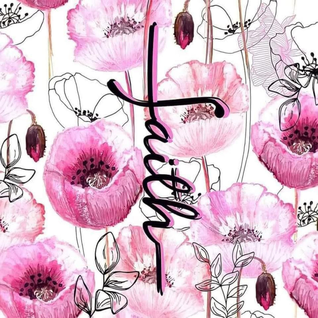 Pink flowers with the word 'Faith' in the center on a white background