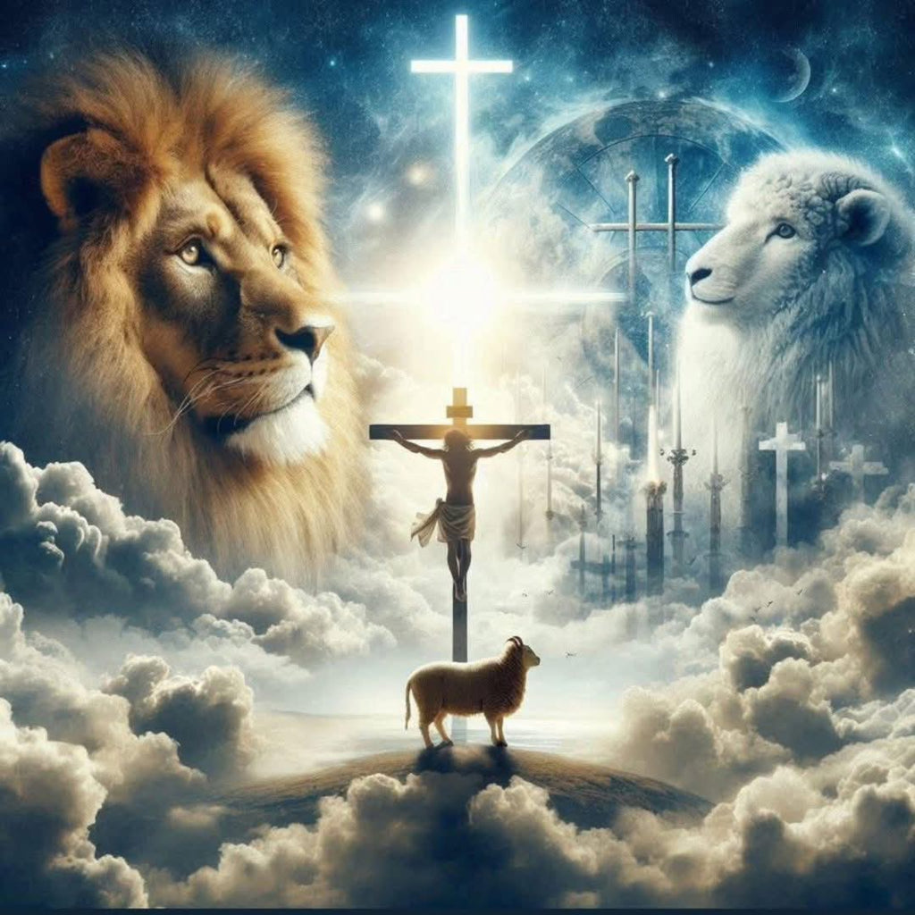 A dramatic religious artwork showing a lion, a lamb, and a crucified figure under a glowing cross, surrounded by clouds and additional crosses in a starry sky.