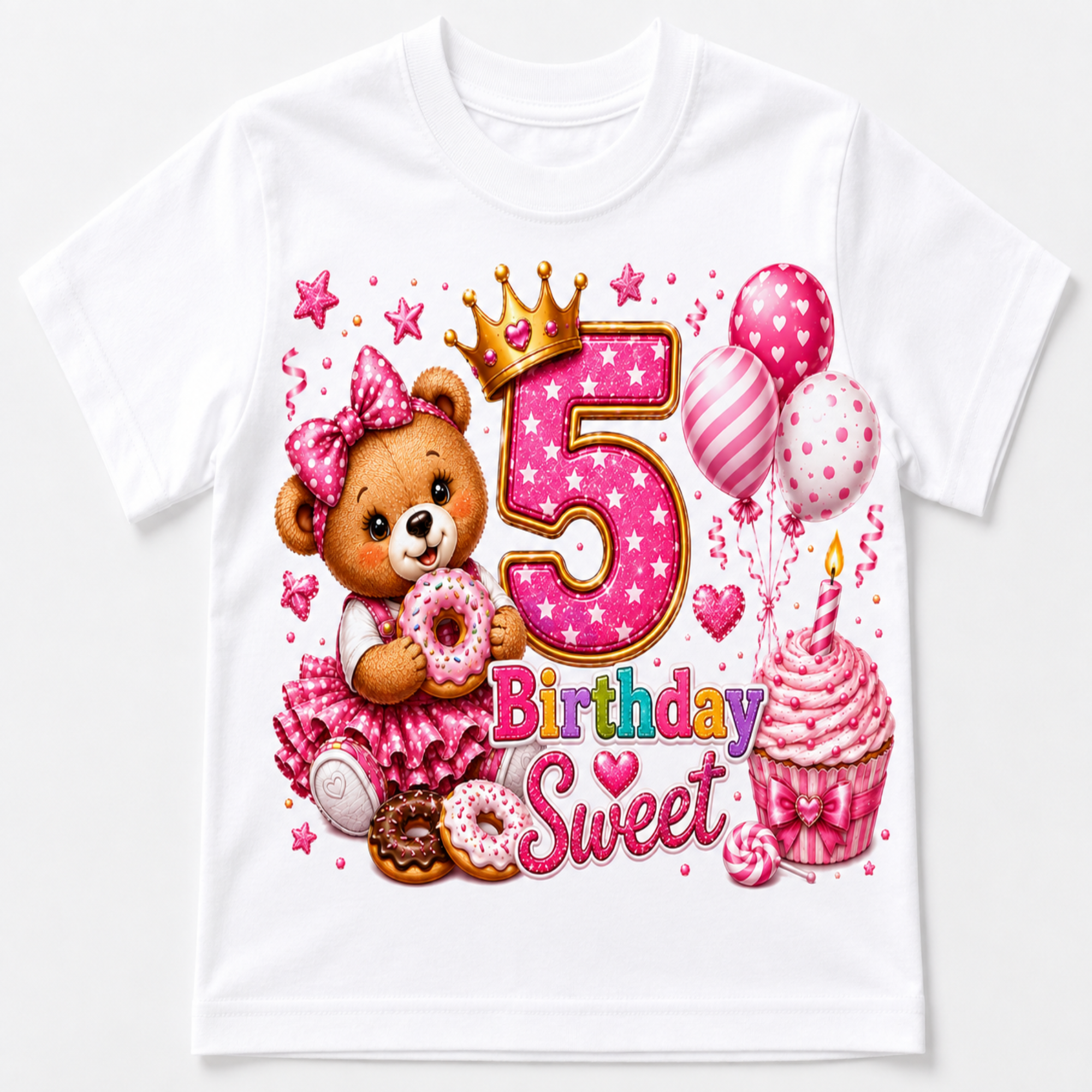 A white short-sleeve kids' t-shirt featuring a colorful '5 Birthday Sweet' graphic print with a teddy bear, cupcakes, balloons, and stars.