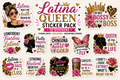 A collage of decorative sticker designs for a 'Latina Queen Sticker Pack' featuring various quotes, pink roses, leopard print patterns, and black-and-white portraits with crowns on a light beige background.