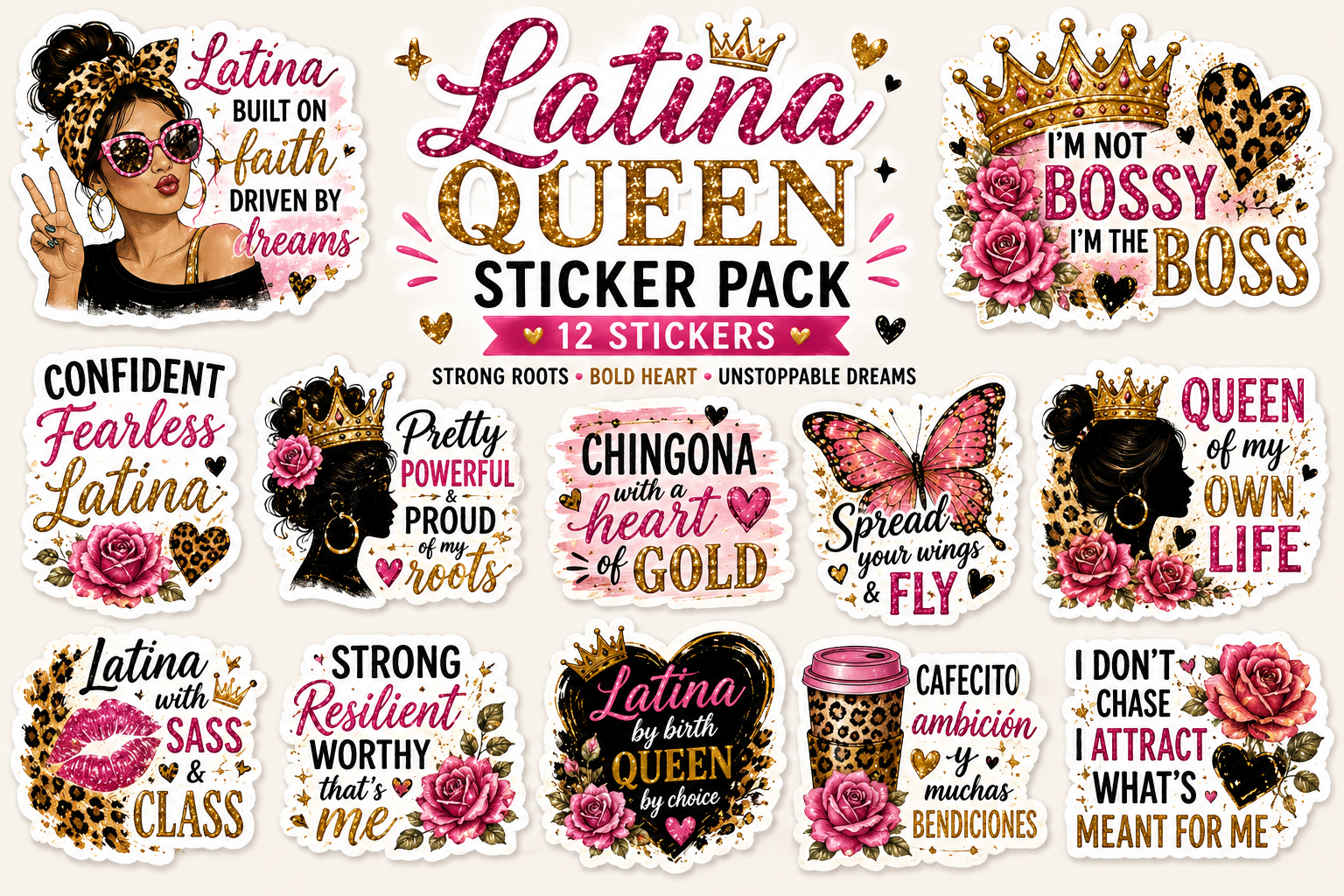 A collage of decorative sticker designs for a 'Latina Queen Sticker Pack' featuring various quotes, pink roses, leopard print patterns, and black-and-white portraits with crowns on a light beige background.