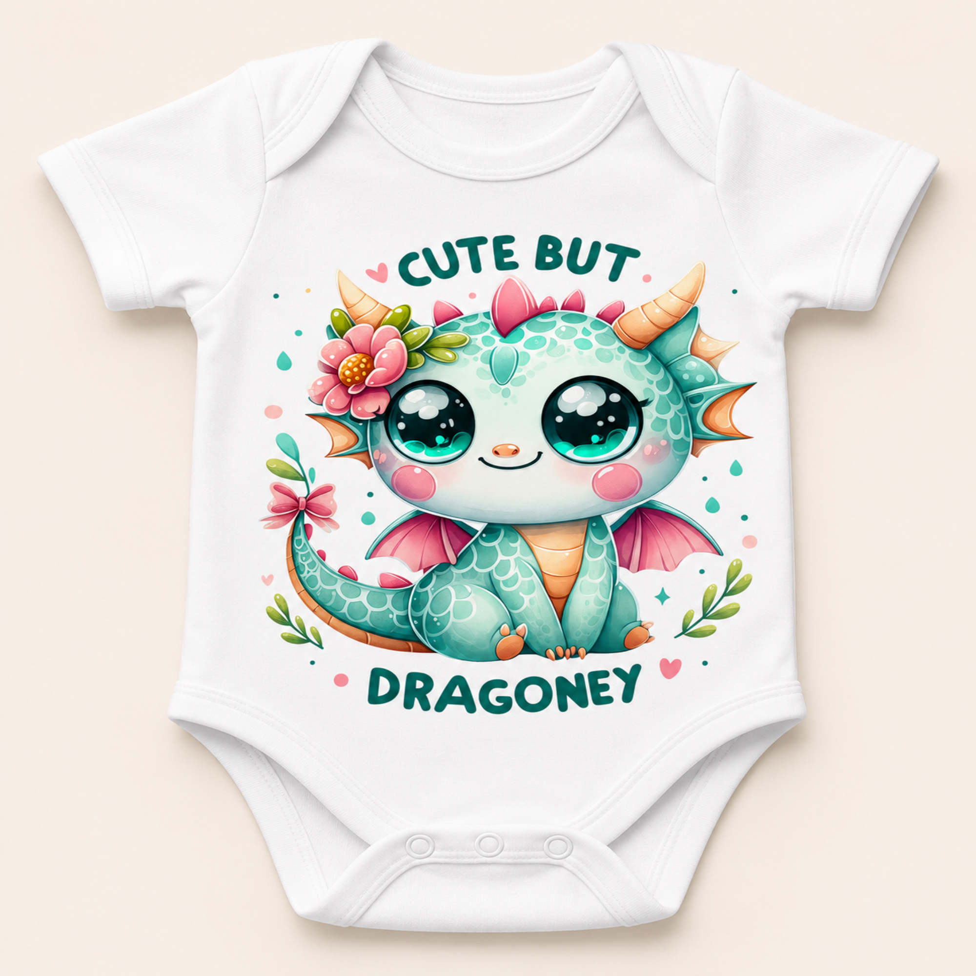 White short-sleeve baby bodysuit with a colorful cartoon dragon graphic and the text 'CUTE BUT DRAGONEY' on the front, shown on a light beige background.