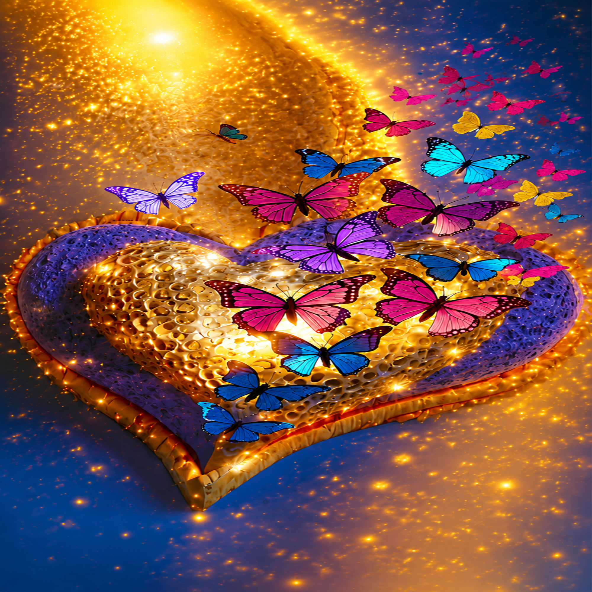 A decorative heart-shaped design with a glittering gold center, a purple outer border, and multiple colorful butterflies in pink, blue, purple, and yellow floating around it on a sparkling blue and gold background.