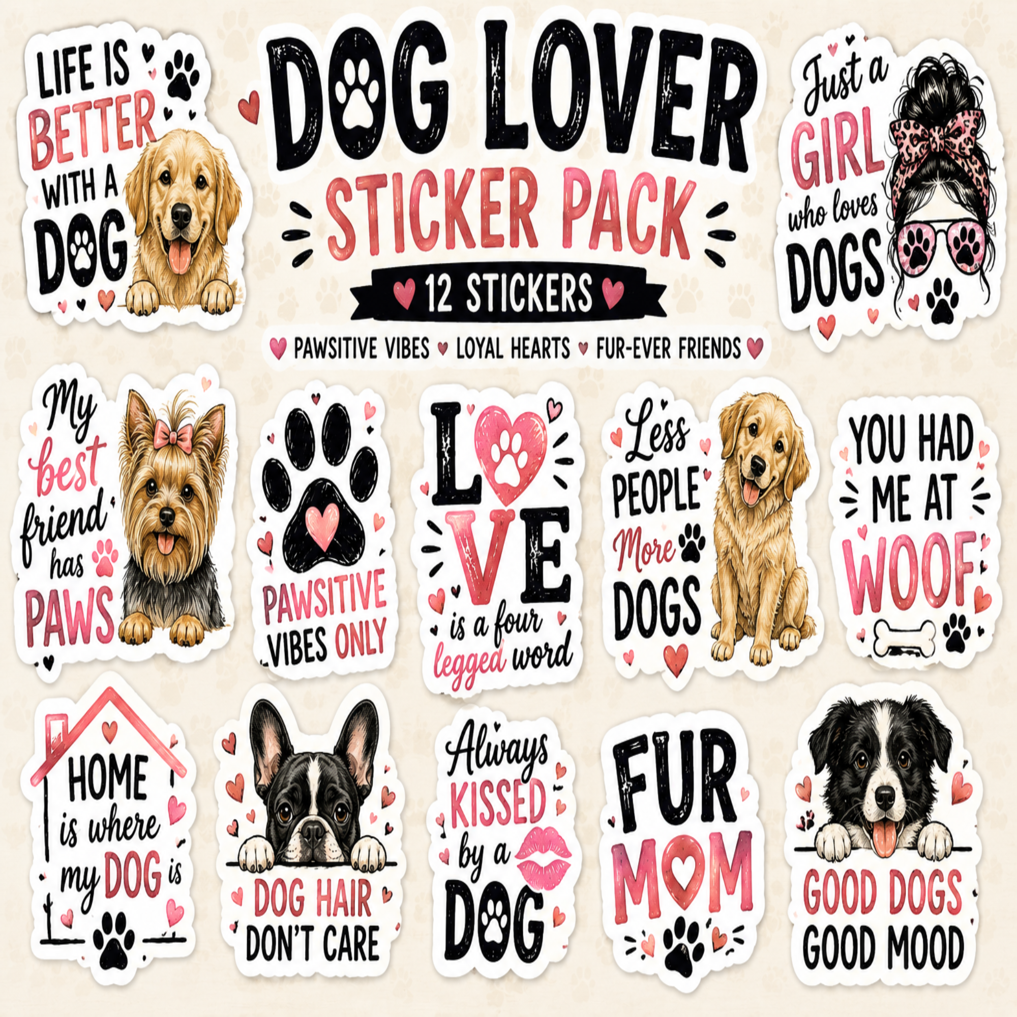 A collage of dog-themed sticker designs on a light beige background, with large central text reading 'DOG LOVER STICKER PACK' and smaller text '12 STICKERS'. The stickers feature various breeds, paw prints, hearts, and phrases like 'LIFE IS BETTER WITH A DOG', 'PAWSITIVE VIBES ONLY', 'LOVE is a four leggy word', 'FUR MOM', and 'GOOD DOGS GOOD MOOD'.