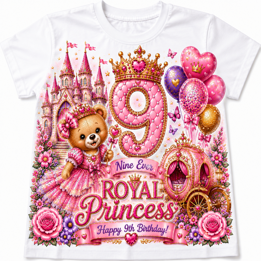 A white short-sleeve kids' t-shirt featuring a large, colorful 9th birthday graphic with a pink castle, teddy bear, carriage, balloons, and the text 'Nine Ever ROYAL Princess Happy 9th Birthday!'.