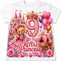 A white short-sleeve kids' t-shirt featuring a large, colorful 9th birthday graphic with a pink castle, teddy bear, carriage, balloons, and the text 'Nine Ever ROYAL Princess Happy 9th Birthday!'.