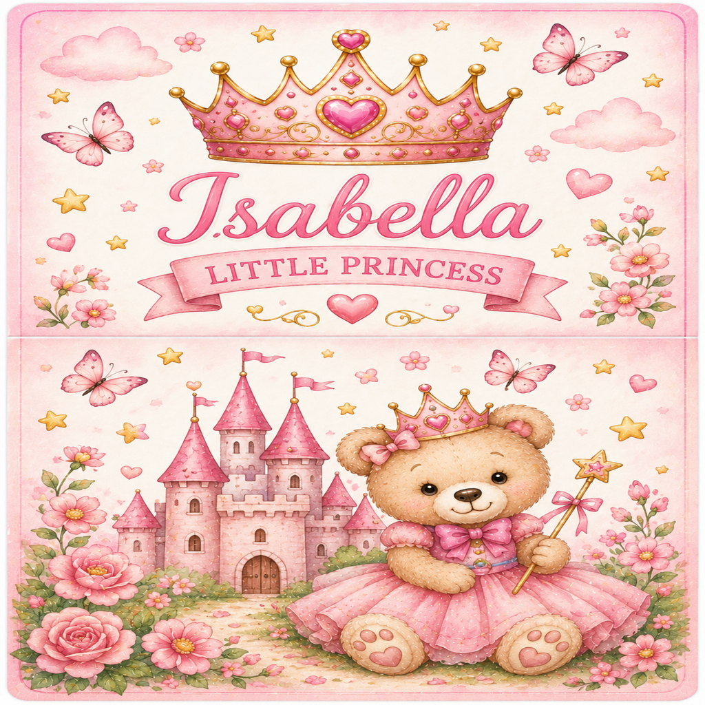 A pink personalized children's room divider or sign featuring a whimsical fairy tale theme. The top half displays a gold and pink crown, the name 'Isabella' in pink script, and a banner reading 'LITTLE PRINCESS' surrounded by clouds, butterflies, and stars.