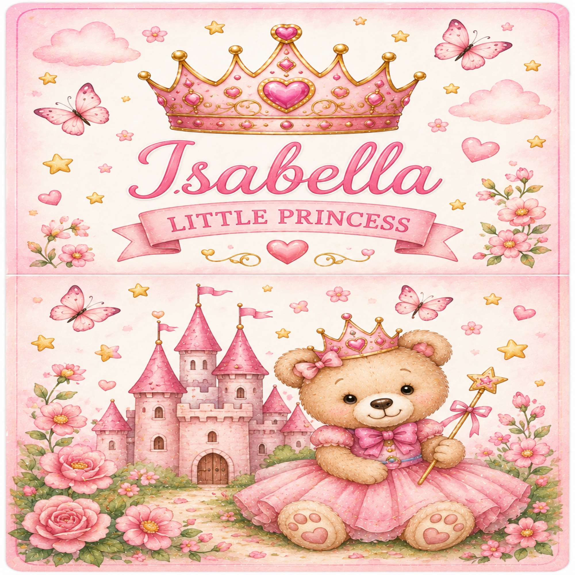 A pink personalized children's room divider or sign featuring a whimsical fairy tale theme. The top half displays a gold and pink crown, the name 'Isabella' in pink script, and a banner reading 'LITTLE PRINCESS' surrounded by clouds, butterflies, and stars.