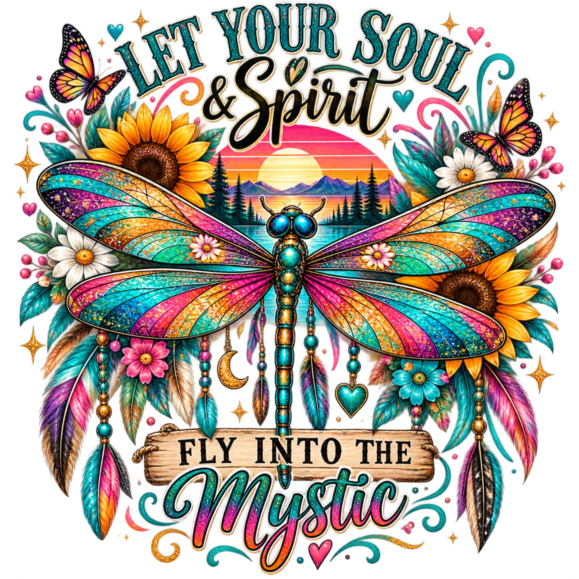 Vibrant psychedelic graphic design featuring a large multicolored dragonfly with butterfly wings, surrounded by sunflowers, feathers, hearts, and the text 'LET YOUR SOUL & Spirit FLY INTO THE Mystic'.