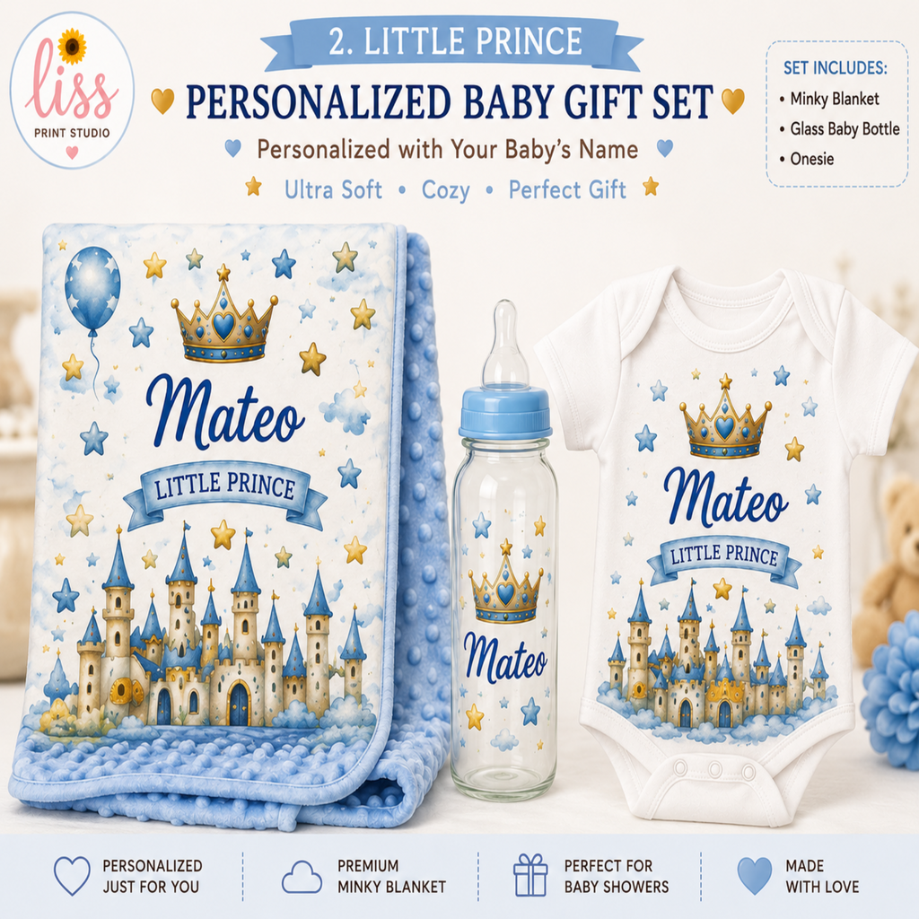 Personalized baby gift set featuring a minky blanket, glass baby bottle, and baby onesie with a blue and gold castle design and the text 'Mateo Little Prince'.