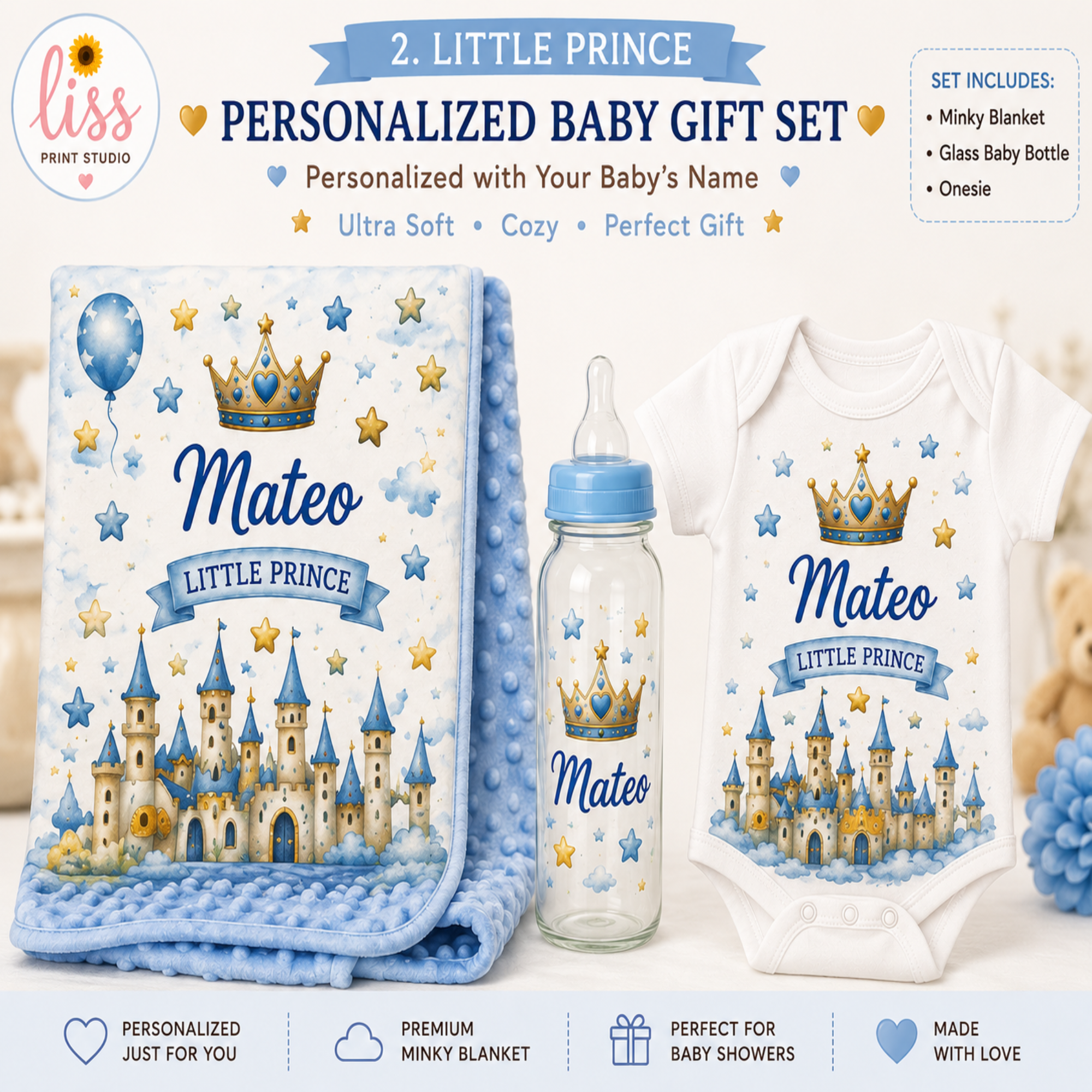 Personalized baby gift set featuring a minky blanket, glass baby bottle, and baby onesie with a blue and gold castle design and the text 'Mateo Little Prince'.
