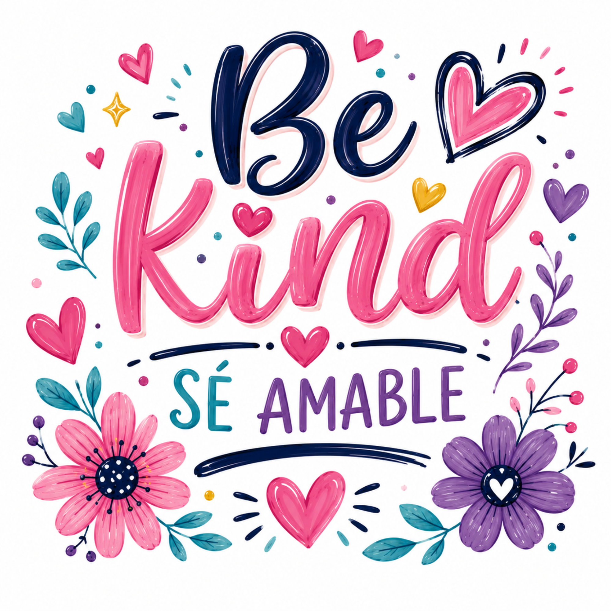 Hand-lettered quote reading 'Be Kind SÉ AMABLE' with pink, navy, purple, teal, and yellow floral and heart illustrations on a white background.
