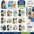 A promotional collage for a 'Little Man Collection' UV DTF transfer pack, showing multiple cartoon character designs, text callouts, and a can mockup on the right side.