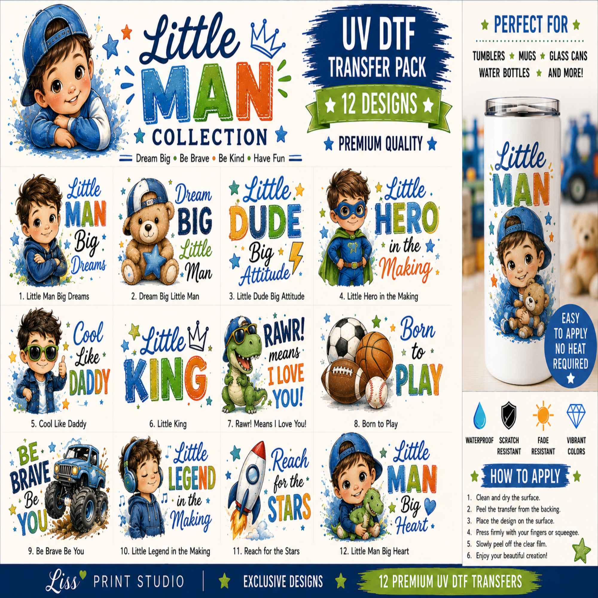 A promotional collage for a 'Little Man Collection' UV DTF transfer pack, showing multiple cartoon character designs, text callouts, and a can mockup on the right side.
