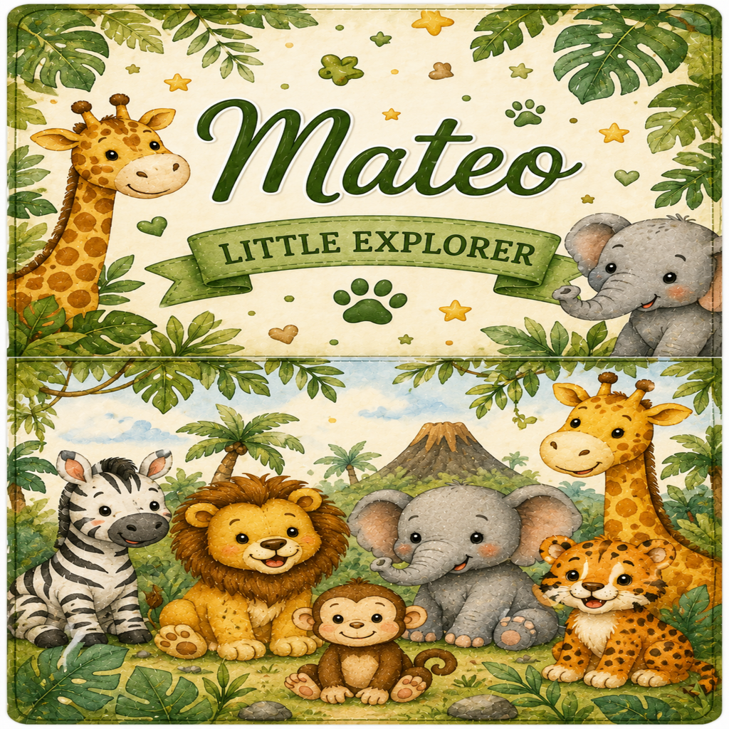 A colorful children's mat or rug featuring a safari theme with cartoon animals including a giraffe, elephant, zebra, lion, monkey, cheetah, and the text 'Mateo Little Explorer' on a cream background with green leaves and stars.