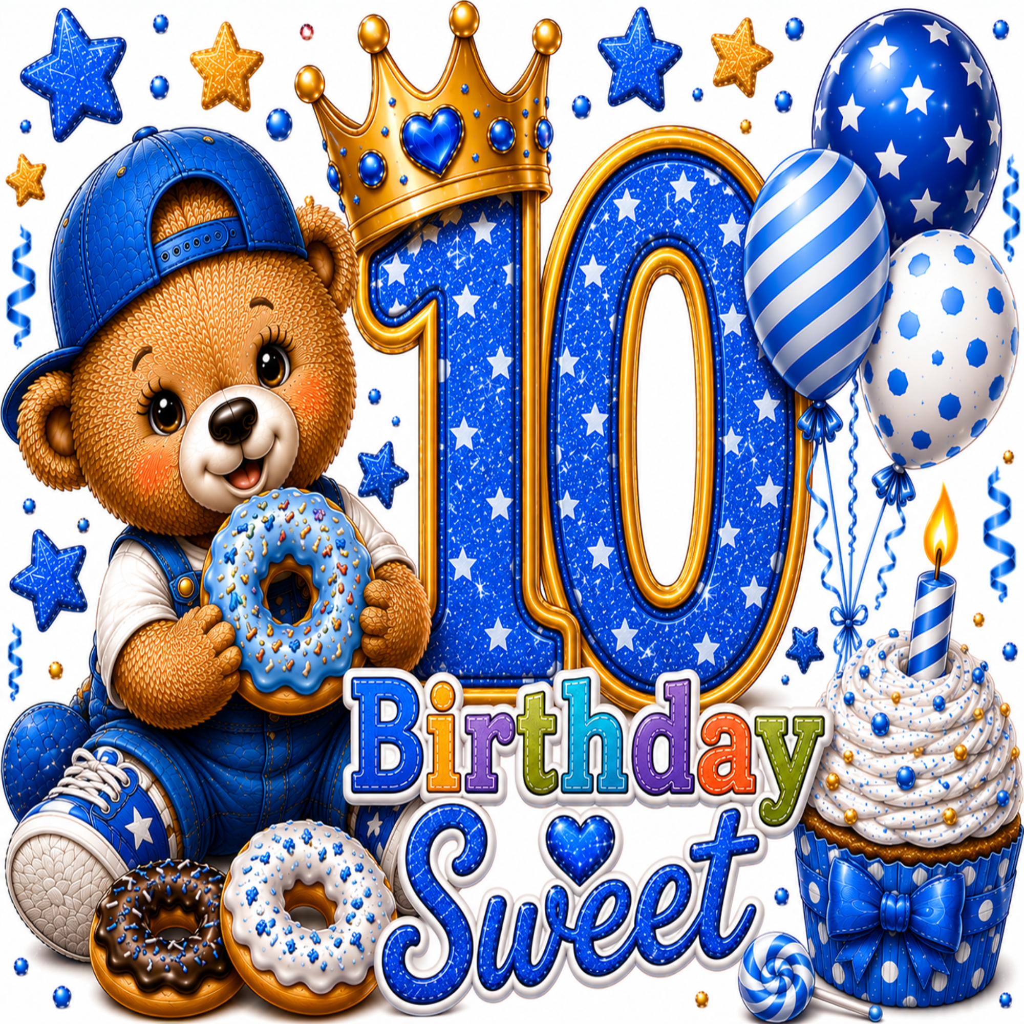 A festive 10th birthday illustration featuring a teddy bear in blue clothing holding a donut, a large glittery blue number 10 with a gold crown, the words 'Birthday Sweet,' balloons, a cupcake with a candle, and donuts on a light gray background.