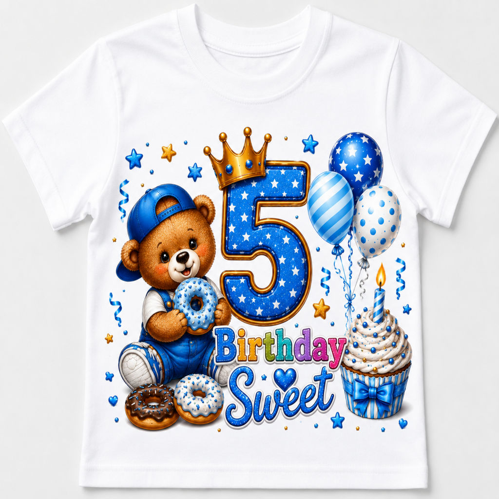 A white short-sleeve kids' t-shirt featuring a colorful 5th birthday graphic print with a cartoon bear, donuts, balloons, a crown, and a cupcake.