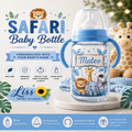A personalized baby bottle with blue handles and a blue cap, featuring safari animal illustrations and the name 'Mateo' on a decorative label. The bottle is displayed on a marble pedestal with a plush giraffe toy in the background, surrounded by promotional text and icons for 'Safari Baby Bottle' by Liss Print Studio.