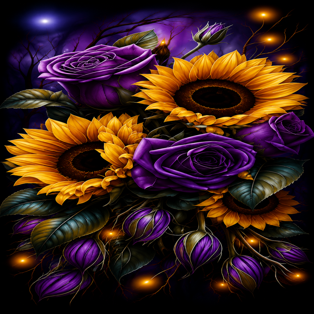 A vibrant digital illustration of a floral arrangement featuring purple roses and yellow sunflowers with dark green leaves, set against a dark background with glowing orange light orbs.