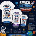 A promotional graphic for a space-themed birthday collection showing three white T-shirts with space prints: 'Dad of the Birthday Boy,' 'Mom of the Birthday Boy,' and 'Birthday Boy It's My Day!' alongside space illustrations, planets, rockets, and feature text on a dark starry background.