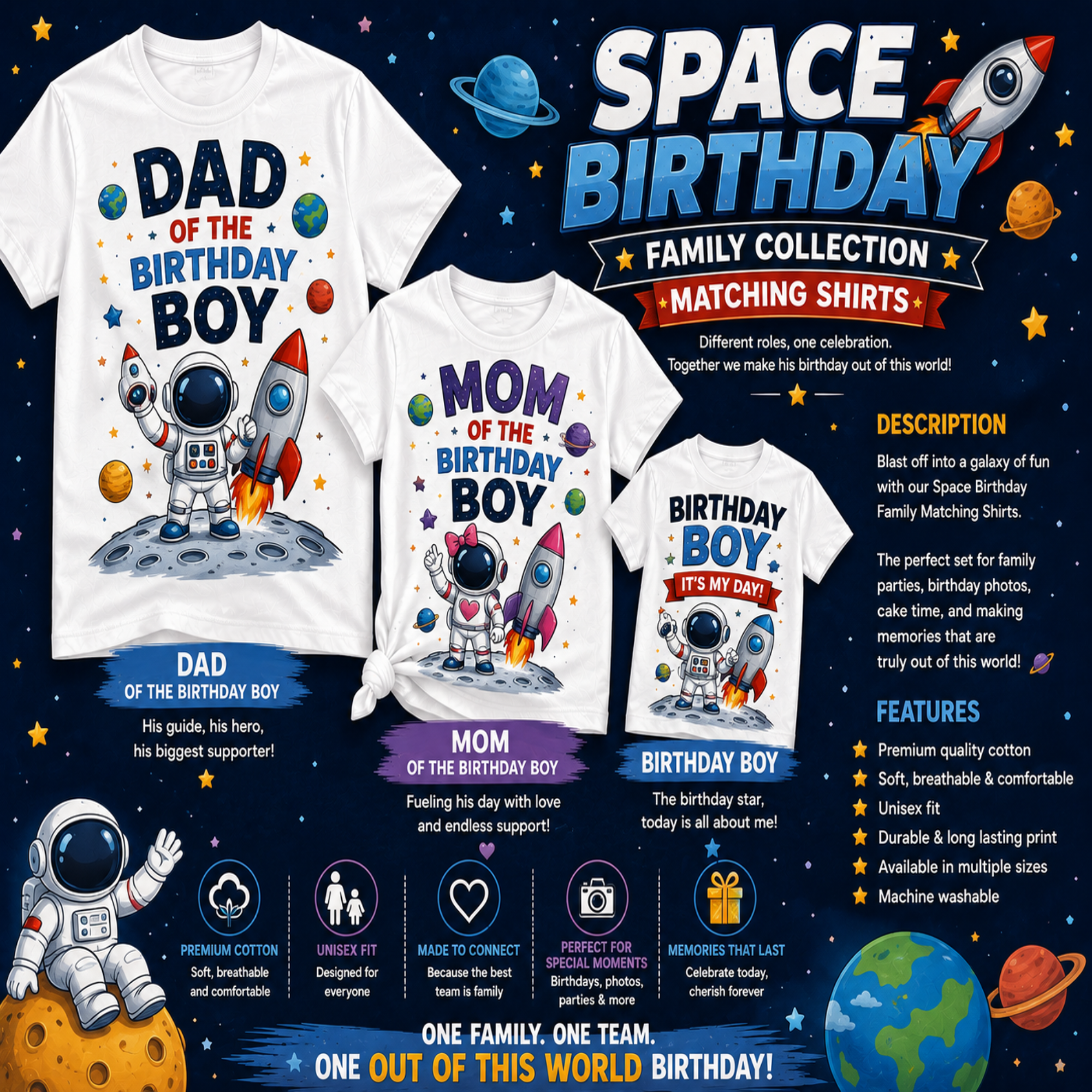 A promotional graphic for a space-themed birthday collection showing three white T-shirts with space prints: 'Dad of the Birthday Boy,' 'Mom of the Birthday Boy,' and 'Birthday Boy It's My Day!' alongside space illustrations, planets, rockets, and feature text on a dark starry background.