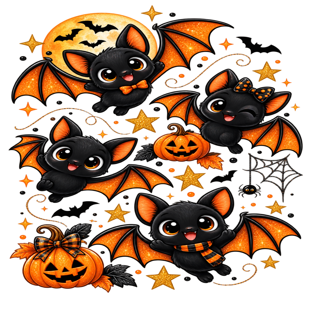A Halloween-themed graphic design featuring four cute black cartoon baby bats with orange wings, stars, pumpkins, and a full moon on a white background.