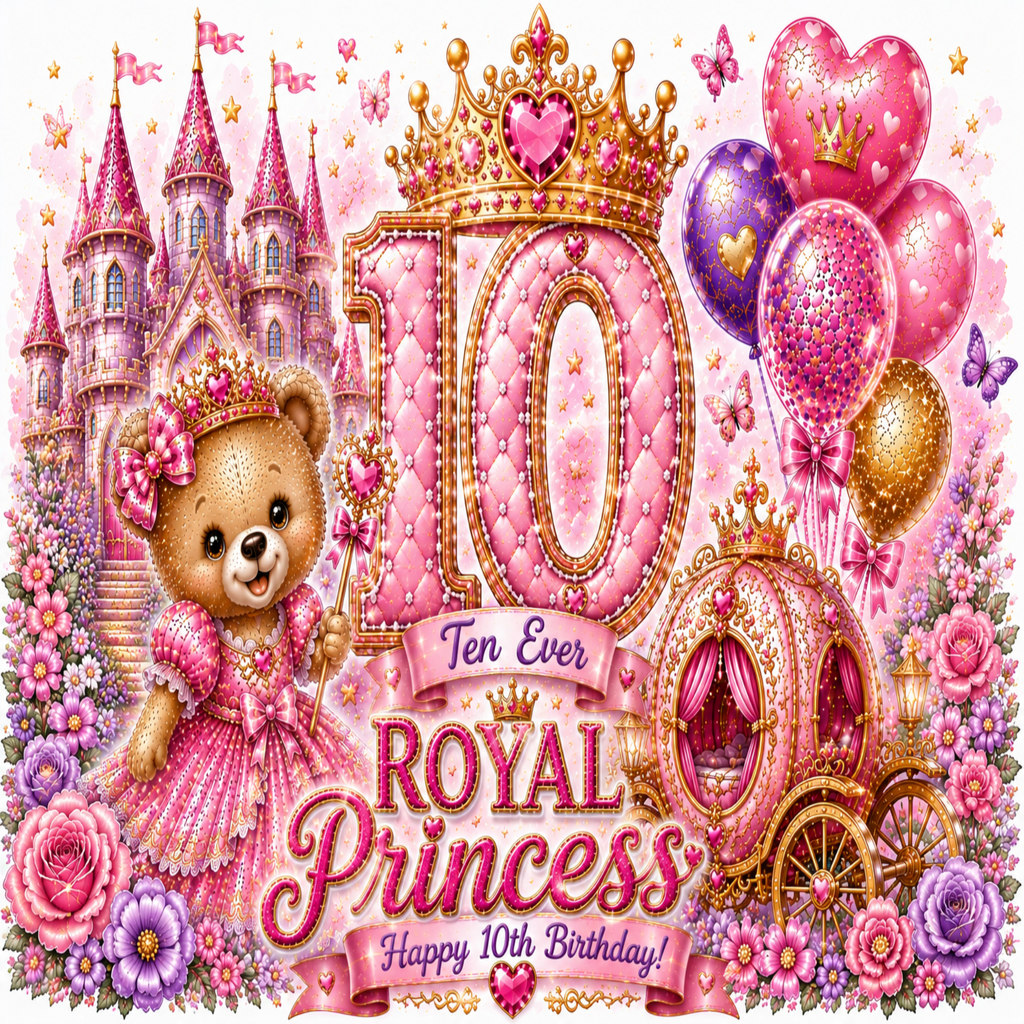 A pink and gold 10th birthday 'Royal Princess' illustration featuring a teddy bear in a dress, a castle, a crown, balloons, a carriage, flowers, and the text 'Ten Ever ROYAL Princess Happy 10th Birthday!'.