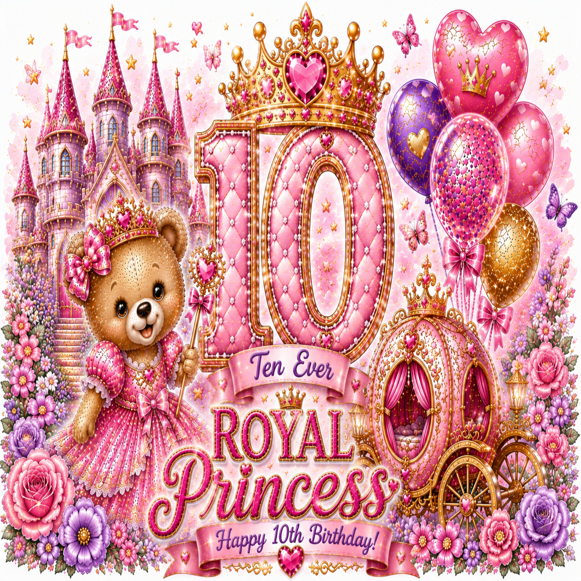 A pink and gold 10th birthday 'Royal Princess' illustration featuring a teddy bear in a dress, a castle, a crown, balloons, a carriage, flowers, and the text 'Ten Ever ROYAL Princess Happy 10th Birthday!'.