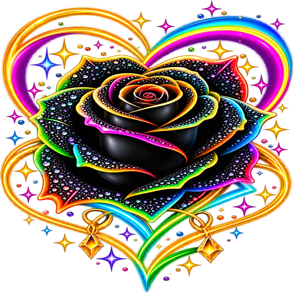 A vibrant, colorful graphic illustration of a black rose with neon rainbow borders, set within a large heart outline and surrounded by sparkling stars on a white background.