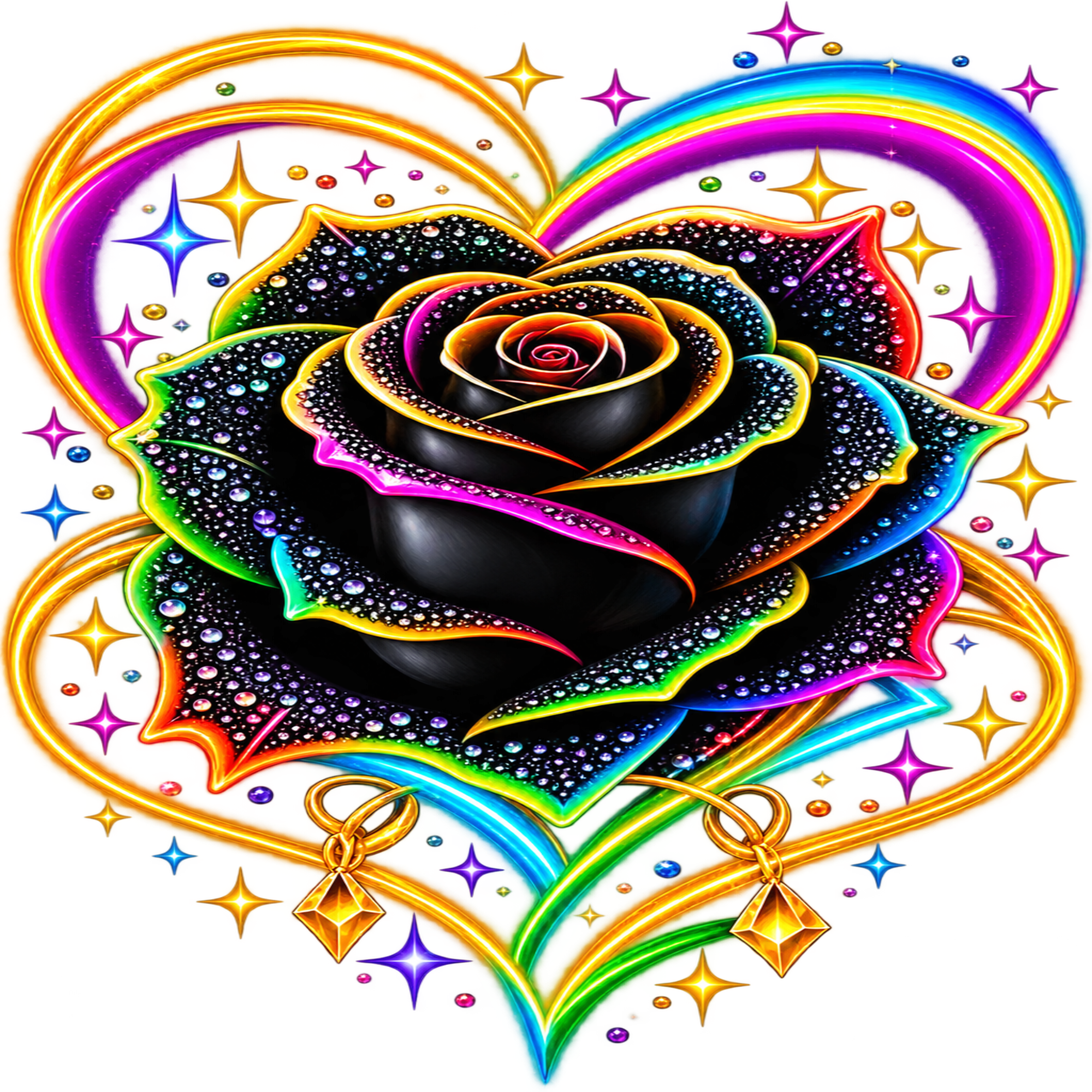 A vibrant, colorful graphic illustration of a black rose with neon rainbow borders, set within a large heart outline and surrounded by sparkling stars on a white background.
