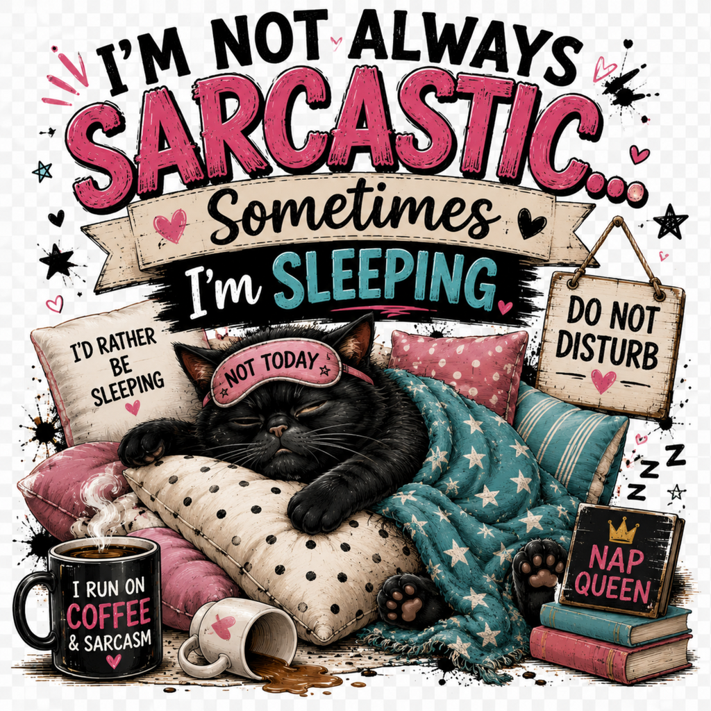 A whimsical illustrated scene of a black cat sleeping on a bed with pillows and blankets, surrounded by humorous props and text. The cat wears a pink sleep mask reading 'NOT TODAY.