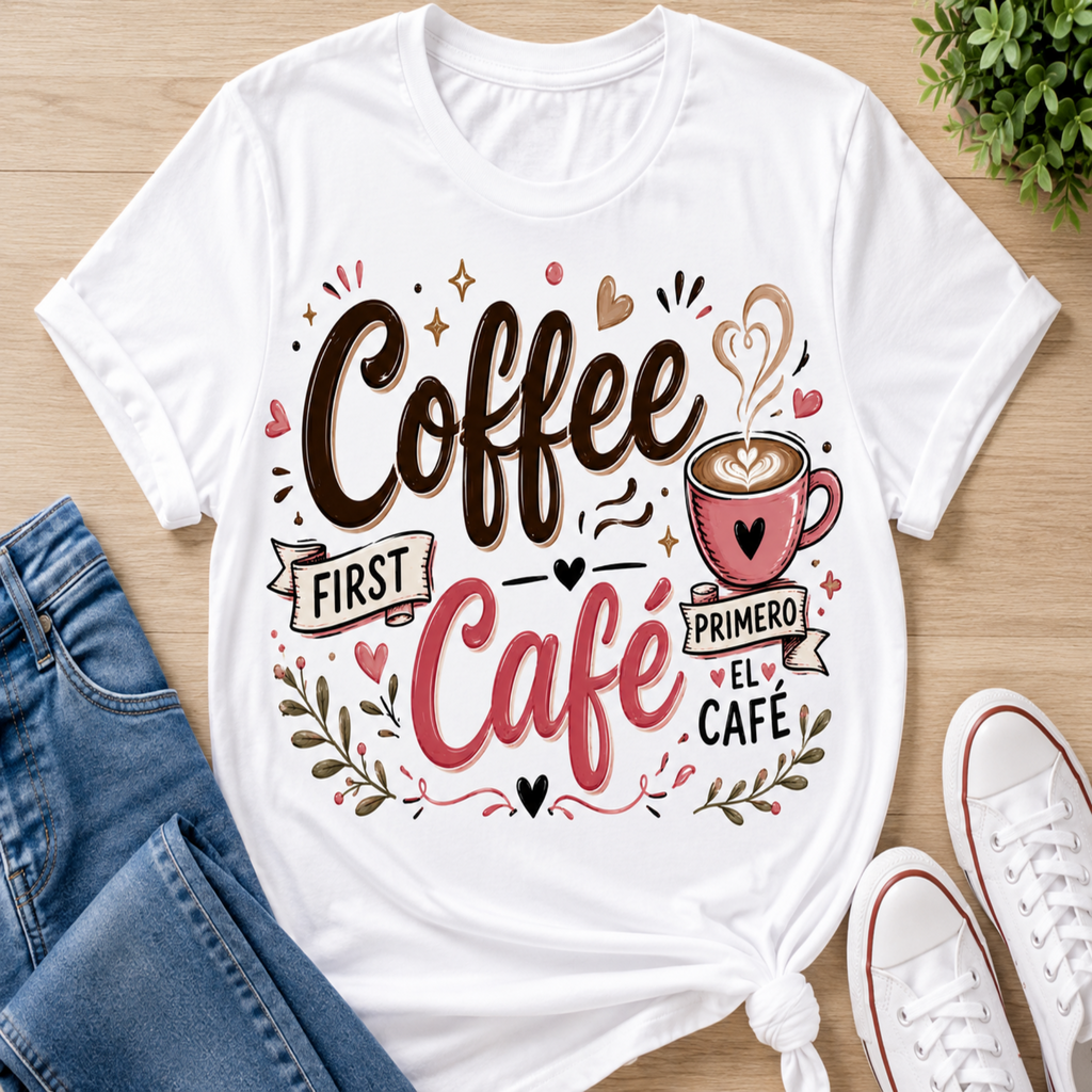 A white graphic t-shirt featuring the Spanish phrase 'Coffee First Café Primero El Cafe' in brown and pink lettering with a coffee cup illustration, styled in a flat-lay with blue jeans, white sneakers, and a small plant on a light wood background.