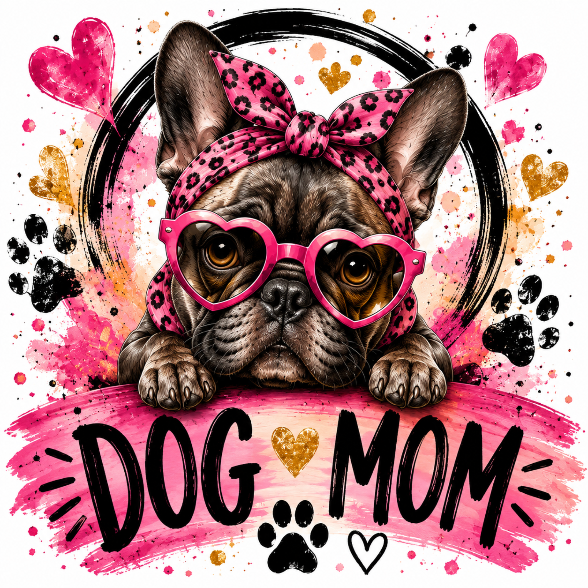 A stylized illustration of a French bulldog wearing pink leopard-print sunglasses and a matching pink leopard-print bow headband, with the words “DOG MOM” and paw-print graphics on a pink watercolor background.