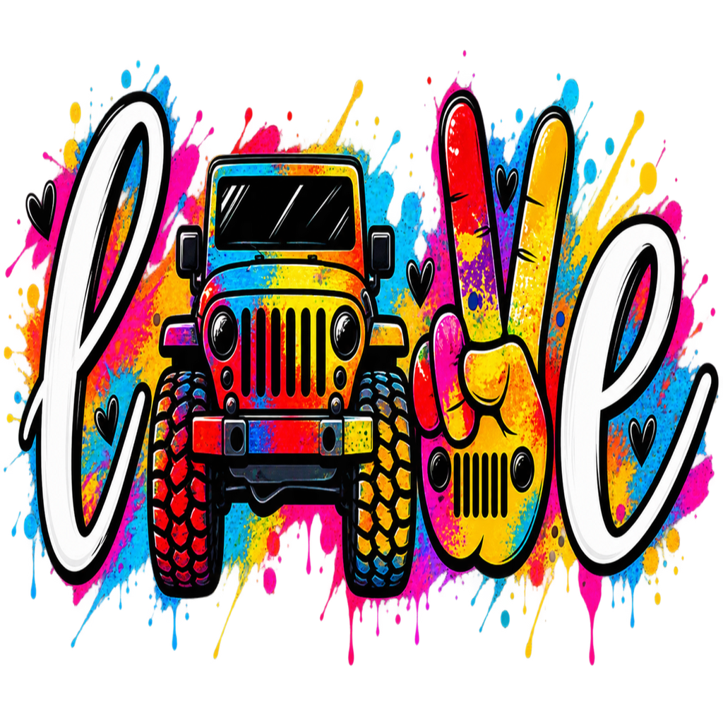 Vibrant graphic design featuring the word 'love' in stylized white script, with a colorful rainbow-striped Jeep and a peace sign hand forming the letters 'o' and 'v'. The design is set against a white background with bright paint splatters in pink, blue, yellow, and purple.
