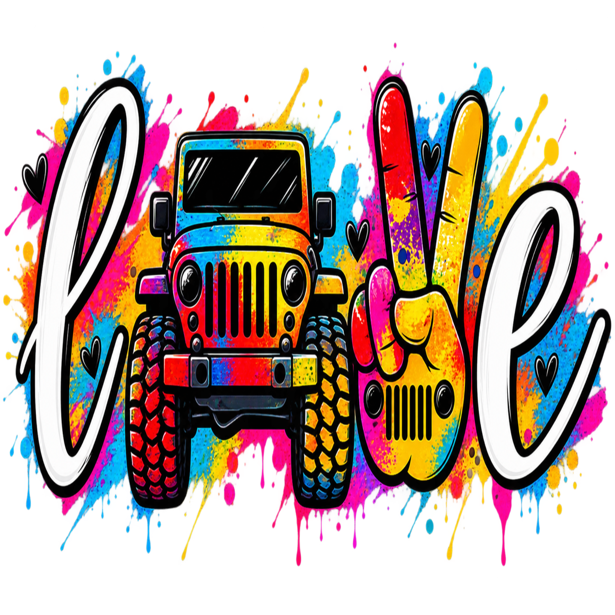 Vibrant graphic design featuring the word 'love' in stylized white script, with a colorful rainbow-striped Jeep and a peace sign hand forming the letters 'o' and 'v'. The design is set against a white background with bright paint splatters in pink, blue, yellow, and purple.