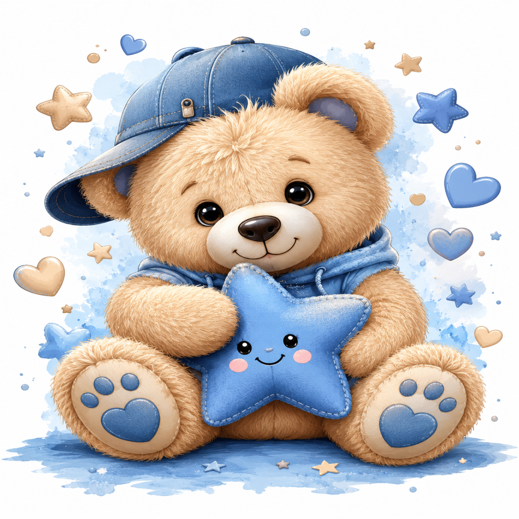 A cute cartoon teddy bear wearing a blue cap and blue hoodie, holding a blue star-shaped pillow, with blue hearts and stars on a white background.