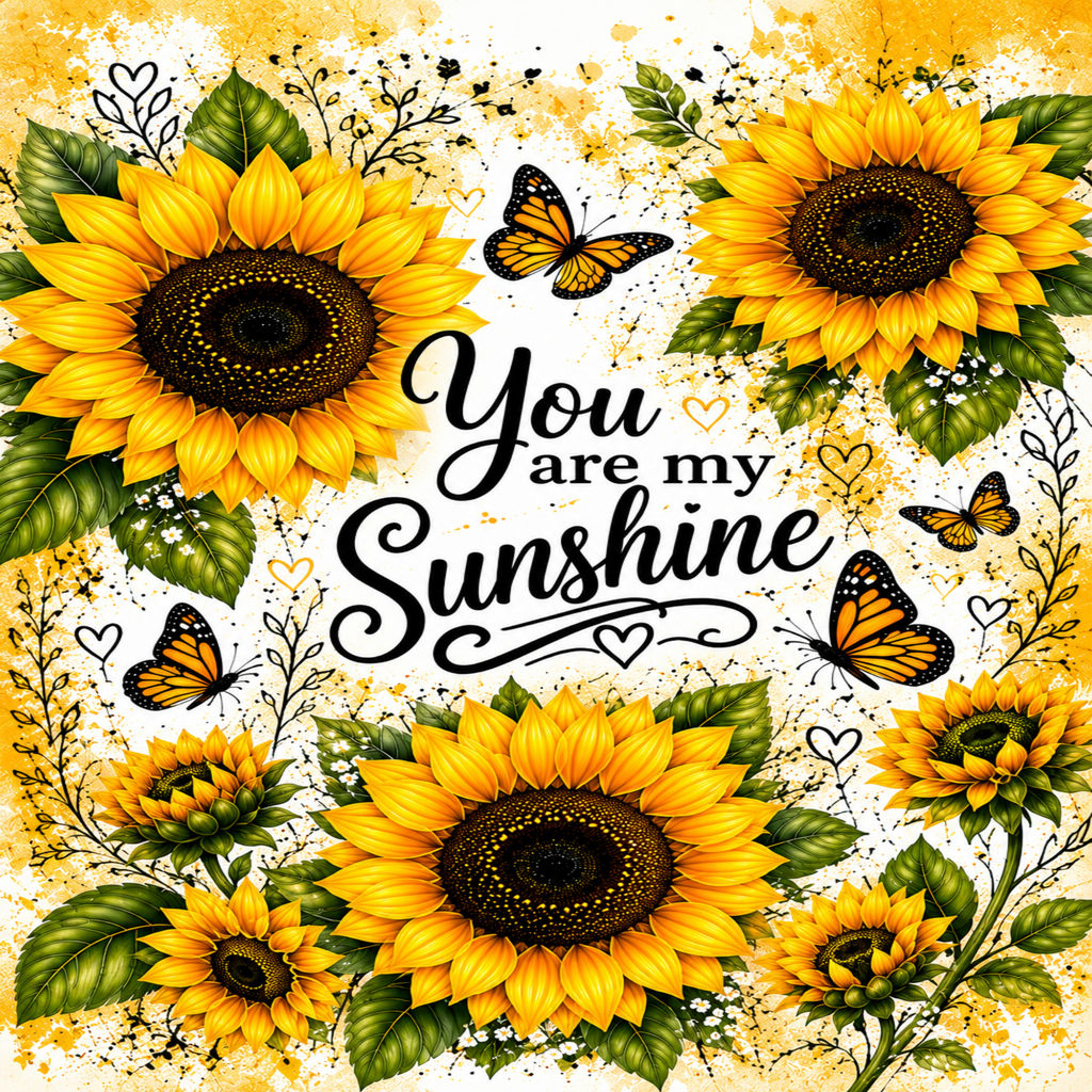 A decorative floral artwork featuring multiple yellow sunflowers with green leaves, orange butterflies, and the phrase 'You are my Sunshine' in black script on a textured cream and gold background.