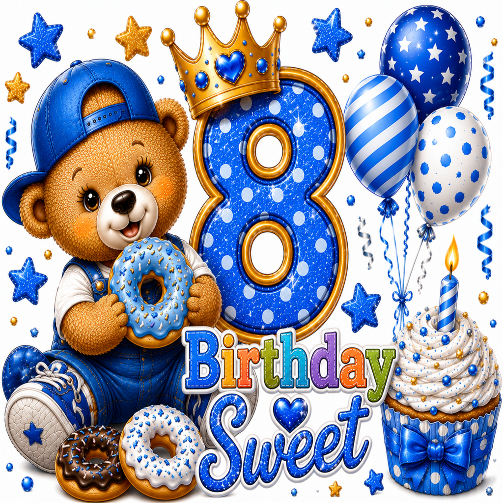 A festive 8th birthday graphic featuring a brown teddy bear in blue overalls and cap holding a donut, a large glittery blue number 8 with a gold crown, balloons, a blue-and-white cupcake, and the words 'Birthday Sweet' on a white background.